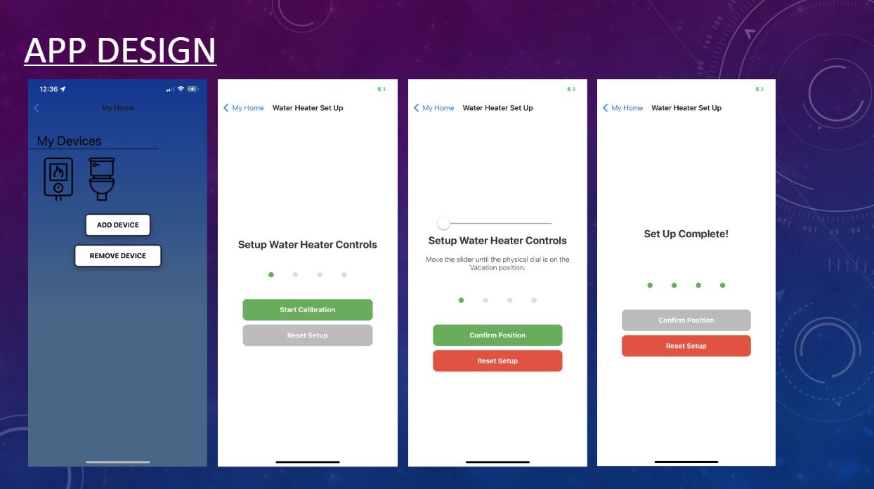 Home page and water heater smart device calibration page